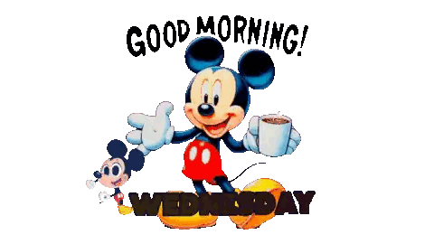 A Cartoon Of Mickey Mouse Holding A Cup Of Coffee With The Words " Good Morning Wednesday " Below Him Sticker