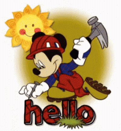 A Cartoon Of Mickey Mouse Holding A Hammer And The Word Hello In Red GIF