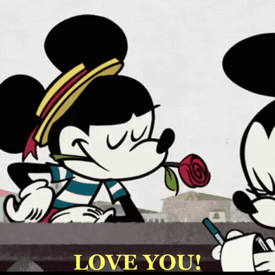 A Cartoon Of Mickey Mouse Holding A Red Rose With The Words Love You Below Him GIF