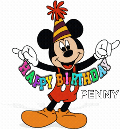 A Cartoon Of Mickey Mouse Holding Up A Banner That Says Happy Birthday Penny GIF