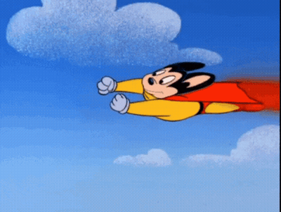 A Cartoon Of Mickey Mouse In A Superhero Costume Is Flying Through The Air GIF