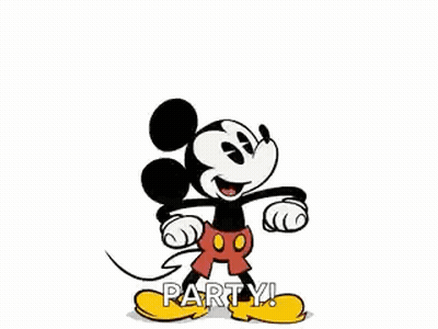 A Cartoon Of Mickey Mouse Jumping In The Air With His Fist In The Air And The Words Party . GIF