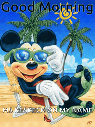 A Cartoon Of Mickey Mouse Laying In A Chair On The Beach GIF