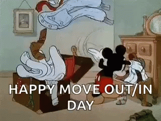 A Cartoon Of Mickey Mouse Opening A Box With The Words `` Happy Move Out / In Day '' . GIF