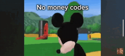 A Cartoon Of Mickey Mouse Standing In A Field With The Words `` No Money Codes '' Below Him . GIF