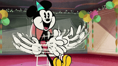 A Cartoon Of Mickey Mouse Wearing A Party Hat And Gloves GIF