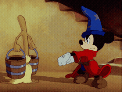 A Cartoon Of Mickey Mouse Wearing A Wizard Hat And Holding A Bucket GIF