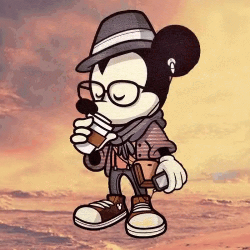 A Cartoon Of Mickey Mouse Wearing Glasses And A Hat Drinking From A Cup GIF