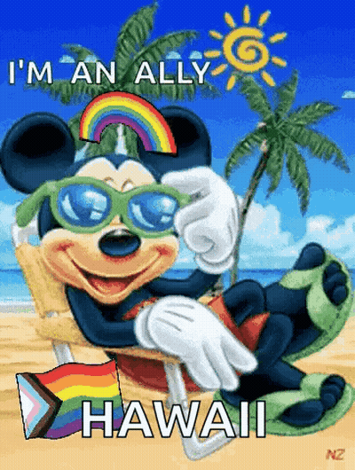 A Cartoon Of Mickey Mouse Wearing Sunglasses On The Beach GIF