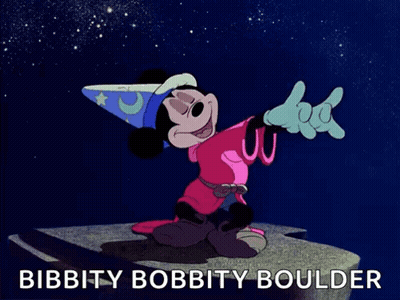 A Cartoon Of Mickey Mouse With The Words Bibbity Bobbity Boulder Underneath Him GIF