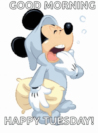 A Cartoon Of Mickey Mouse Yawning With The Words Good Morning Happy Tuesday GIF
