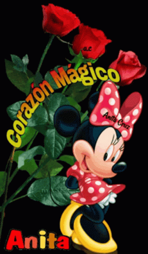 A Cartoon Of Minnie Mouse Holding A Bouquet Of Red Roses With The Words Corazon Magico Above Her GIF