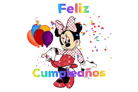 A Cartoon Of Minnie Mouse Holding Balloons And The Words Feliz Cumpleanos In The Background Sticker