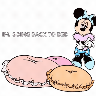 A Cartoon Of Minnie Mouse Laying On A Bed Holding A Pillow And Saying `` Im Going Back To Bed '' . GIF