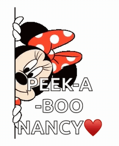A Cartoon Of Minnie Mouse Peeking Over A Wall With The Words Peek-A-Boo Nancy Written Below Her . GIF