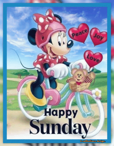 A Cartoon Of Minnie Mouse Riding A Bike With The Words Happy Sunday GIF