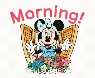 A Cartoon Of Minnie Mouse Standing In Front Of A Window With The Words Morning Hello There Below Her GIF