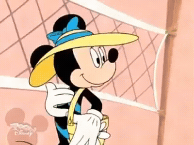 A Cartoon Of Minnie Mouse Wearing A Hat And Holding A Basket GIF