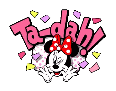 A Cartoon Of Minnie Mouse With A Red Bow And The Word Ta-Dah Sticker