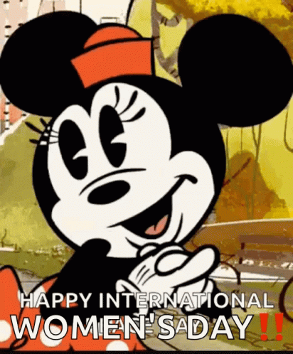 A Cartoon Of Minnie Mouse With The Words " Happy International Women 'S Day " GIF
