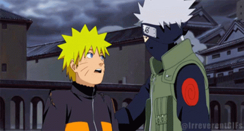 A Cartoon Of Naruto And Kakashi Standing Next To Each Other In Front Of A Building GIF