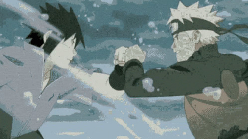A Cartoon Of Naruto And Sasuke Fighting Each Other In The Water GIF