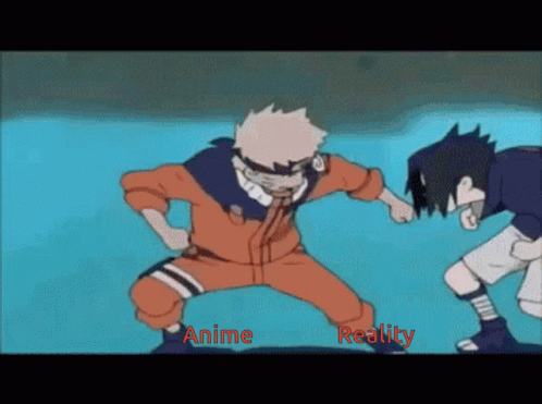 A Cartoon Of Naruto And Sasuke Standing Next To Each Other With The Words " Anime Reality " Above Them GIF