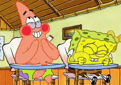 A Cartoon Of Patrick And Spongebob Sitting At A Desk GIF
