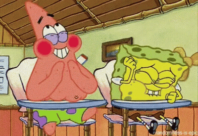 A Cartoon Of Patrick And Spongebob Sitting At Desks With The Caption Randomness-Is-Epic GIF