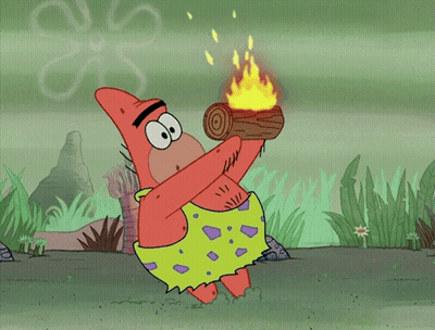 A Cartoon Of Patrick And Spongebob Standing Next To A Log Fire GIF
