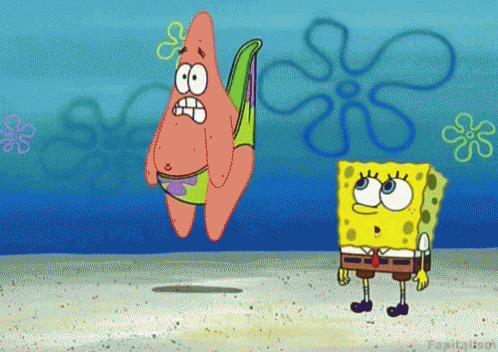 A Cartoon Of Patrick And Spongebob Standing On A Beach GIF