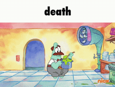 A Cartoon Of Patrick Holding A Pot Of Slime With The Word Death Above Him GIF