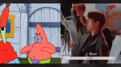 A Cartoon Of Patrick Star And A Cartoon Of A Man With The Word Boo On The Bottom Right GIF