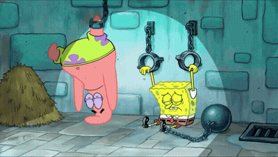 A Cartoon Of Patrick Star And Spongebob Being Chained Up GIF
