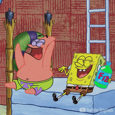 A Cartoon Of Patrick Star And Spongebob Sitting On A Bed With A Bottle Of Fizz GIF