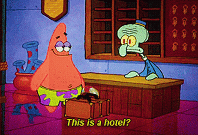 A Cartoon Of Patrick Star And Squidward From Spongebob Squarepants Talking About A Hotel GIF