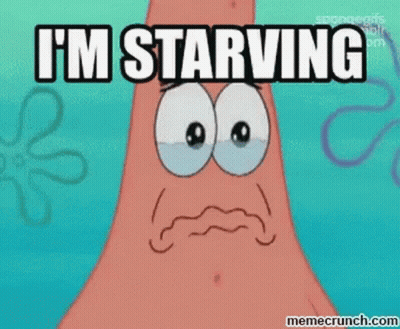A Cartoon Of Patrick Star From Spongebob Squarepants Is Saying `` I 'M Starving '' . GIF