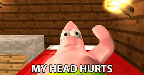 A Cartoon Of Patrick Star Laying On A Bed With The Words " My Head Hurts " Above Him GIF