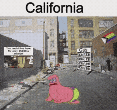 A Cartoon Of Patrick Star Laying On The Ground In Front Of A Gas Station In California GIF