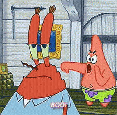 A Cartoon Of Patrick Star Pointing At A Crab That Says Boo GIF