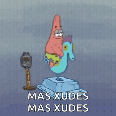 A Cartoon Of Patrick Star Riding A Seahorse Next To A Parking Meter That Says Mas Xudes Mas Xudes . GIF
