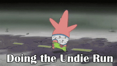 A Cartoon Of Patrick Star Running With The Words Doing The Undie Run Below Him GIF