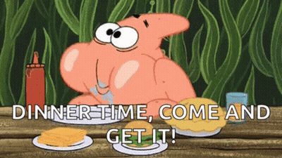 A Cartoon Of Patrick Star Sitting At A Table With Plates Of Food And The Words Dinner Time Come And Get It GIF
