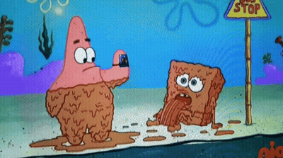 A Cartoon Of Patrick Star Taking A Picture Of Spongebob And A Stop Sign GIF
