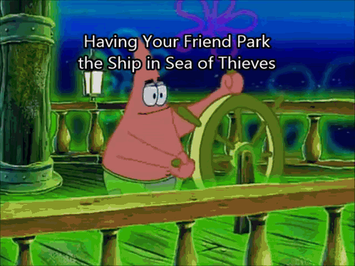 A Cartoon Of Patrick Steering A Ship In Sea Of Thieves GIF