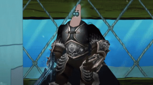 A Cartoon Of Patrick Wearing Armor And Holding A Sword In Front Of A Window GIF