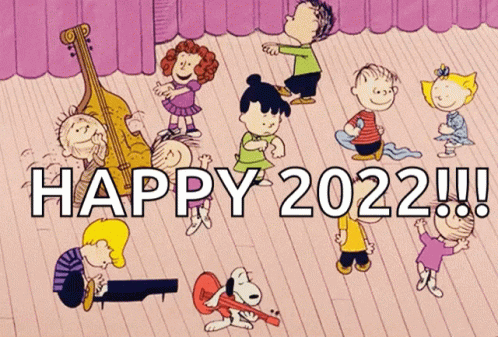A Cartoon Of Peanuts Characters Dancing With The Words Happy 2022 Written Above Them GIF