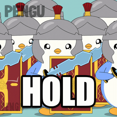 A Cartoon Of Penguins Holding Swords With The Word Hold In The Corner GIF