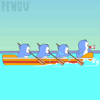 A Cartoon Of Penguins In A Boat With The Word Pengu On The Bottom Left GIF