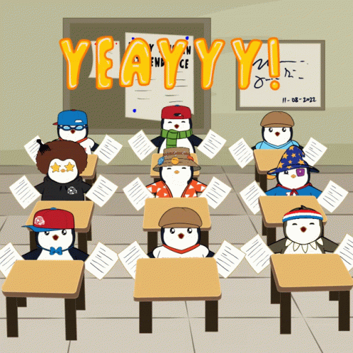 Penguins In Classroom With Yeayy Text GIF